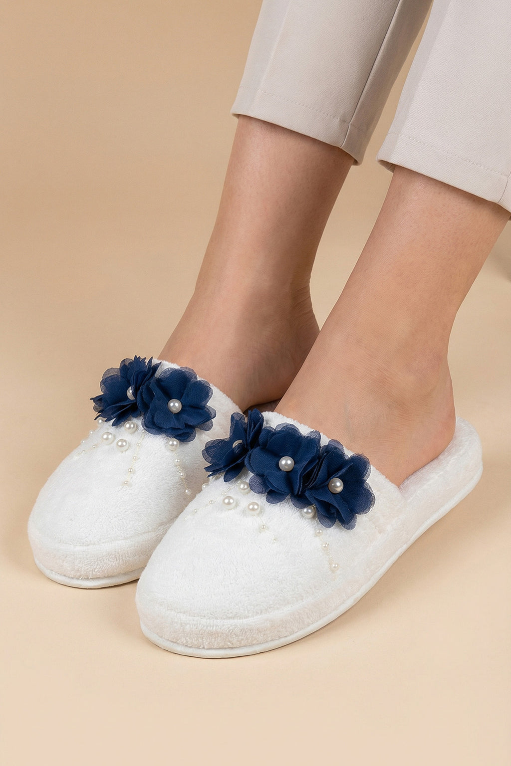 Pearl Flower Themed Handmade Maternity Mom's Crown & Slippers Set Navy Blue - 919513