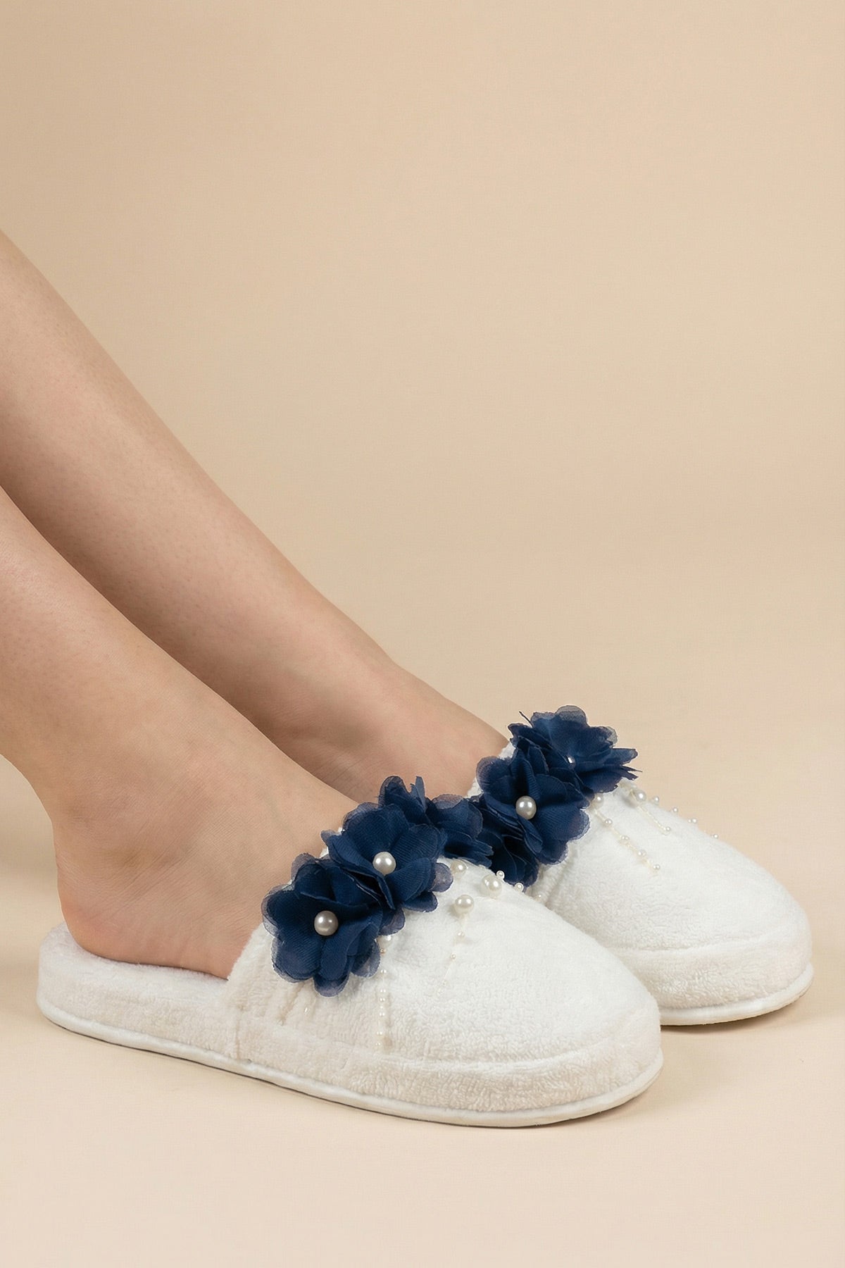 Pearl Flower Themed Handmade Maternity Mom's Slippers Navy Blue - 9513