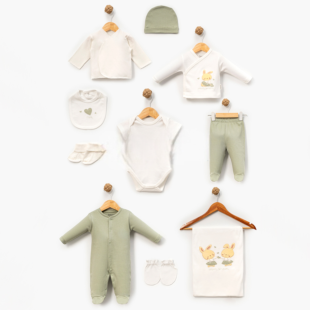 Mom & Me Bunny Embroidery Cotton 10-Piece Newborn Welcome Set Baby Green (0-3 Months) - B047.10137.18