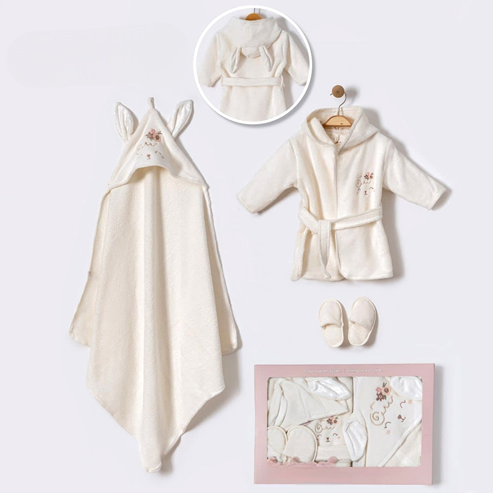Little Lamb Embroidery Cotton 3-Piece Baby Bathrobe Set Ecru (0-24 Months) - BB204.3968.10