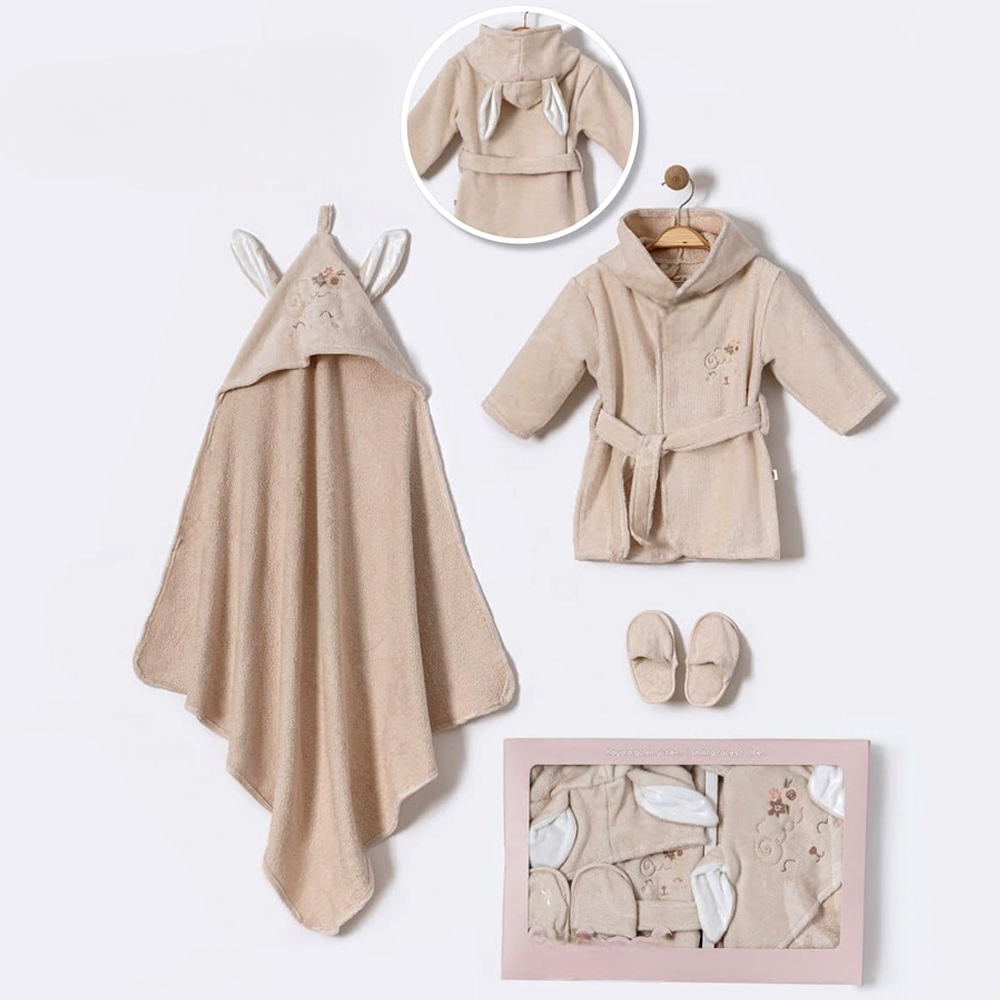 Little Lamb Embroidery Cotton 3-Piece Baby Bathrobe Set Beige (0-24 Months) - BB204.3968.12