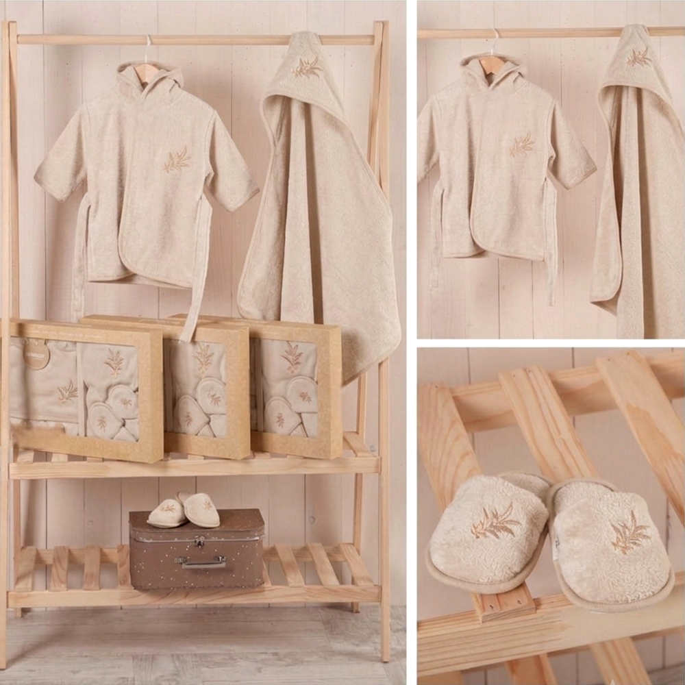 Botanical Leaf Embroidery Cotton 3-Piece Baby Bathrobe Set Beige (0-24 Months) - BB204.3980.12