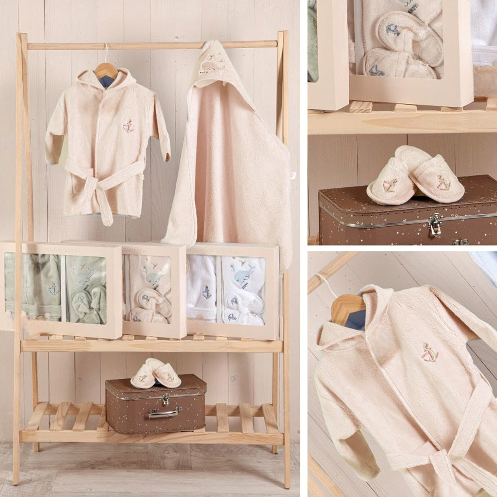 Ocean Themed Cotton Baby Bathrobe Set Beige (0-24 Months) - BB204.3985.12
