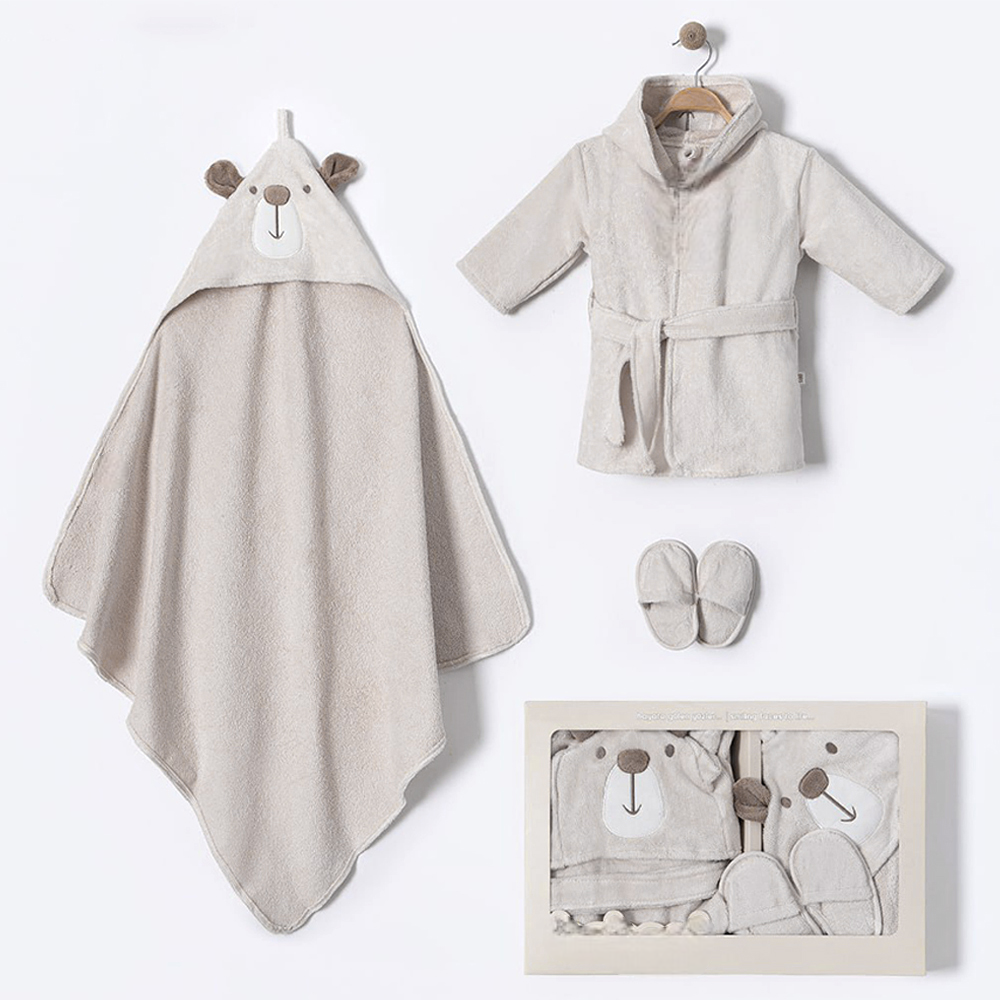 Big Bear Themed Cotton Baby Bathrobe Set Grey (0-24 Months) - BB204.4152.5