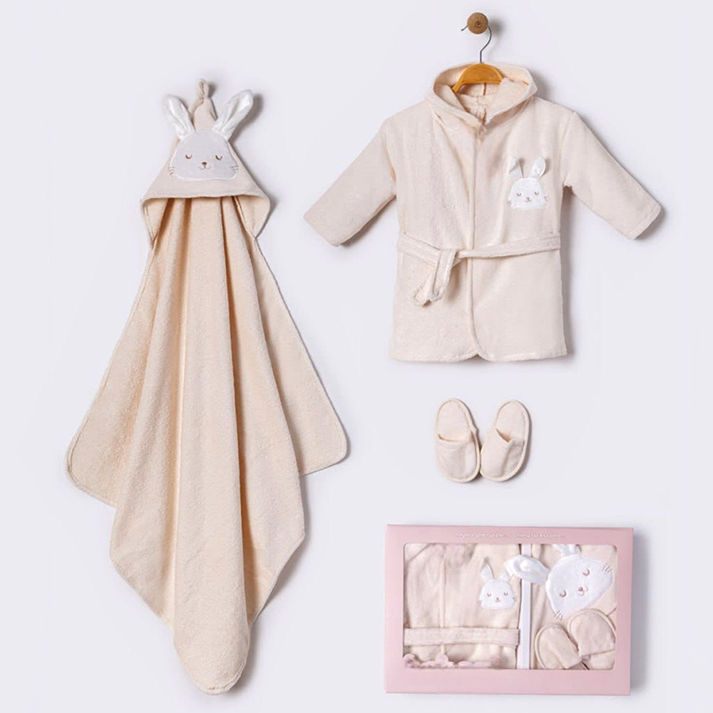 Sleepy Bunny Embroidery Cotton 3-Piece Baby Bathrobe Set Beige (0-24 Months) - BB204.4170.12