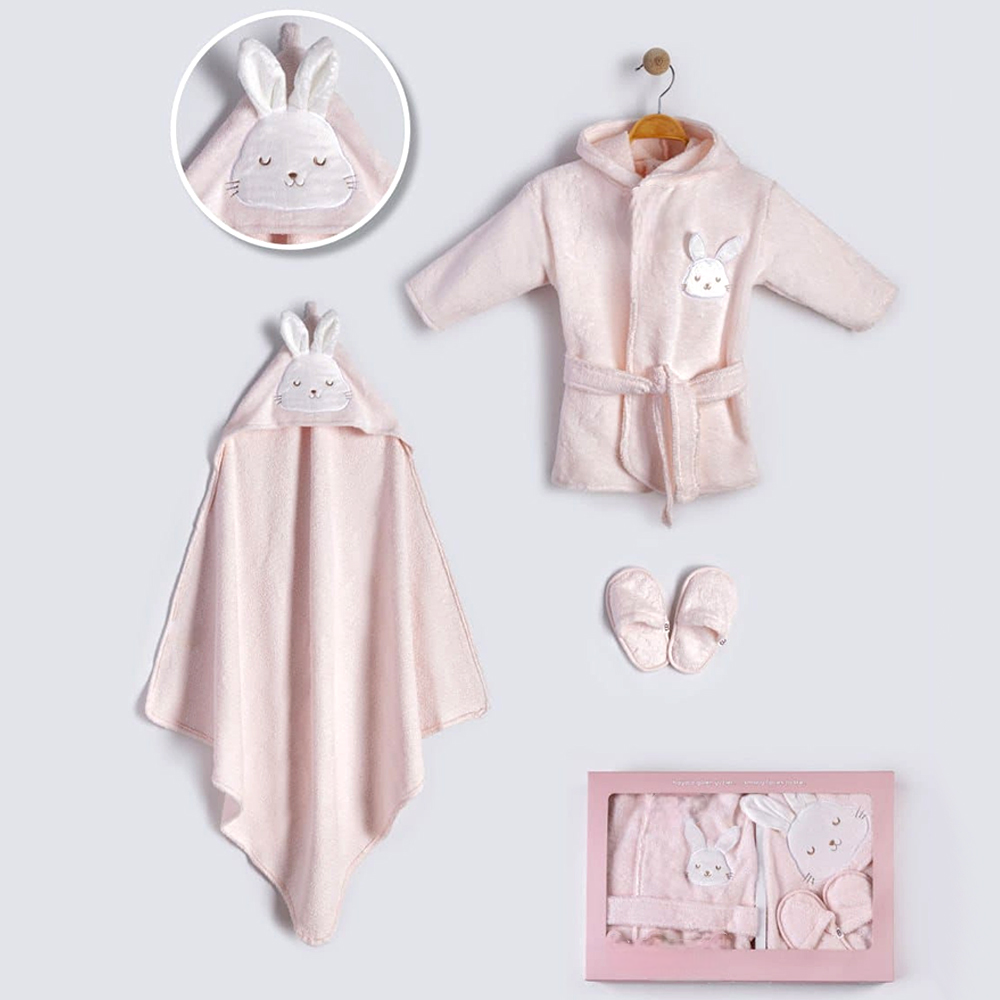 Sleepy Bunny Embroidery Cotton 3-Piece Baby Bathrobe Set Pink (0-24 Months) - BB204.4170.2