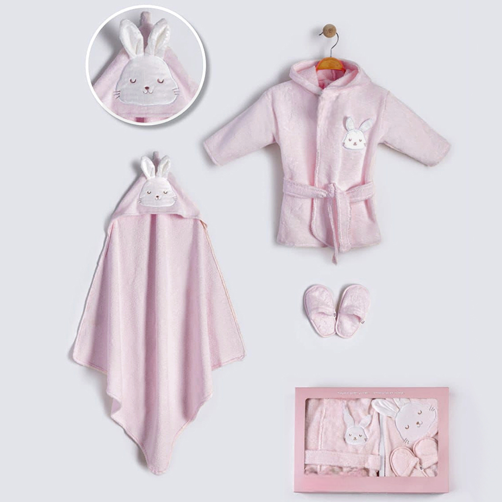 Sleepy Bunny Embroidery Cotton 3-Piece Baby Bathrobe Set Dried Rose (0-24 Months) - BB204.4170.36