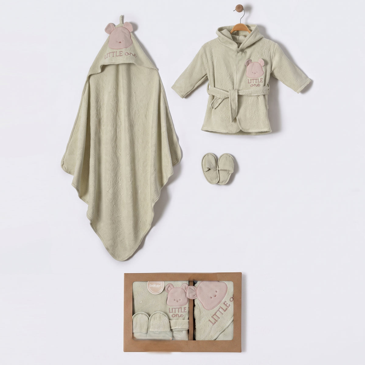 Little One Bear Face Hood Cotton 3-Piece Baby Bathrobe Set Green (0-24 Months) - BB204.4183.13