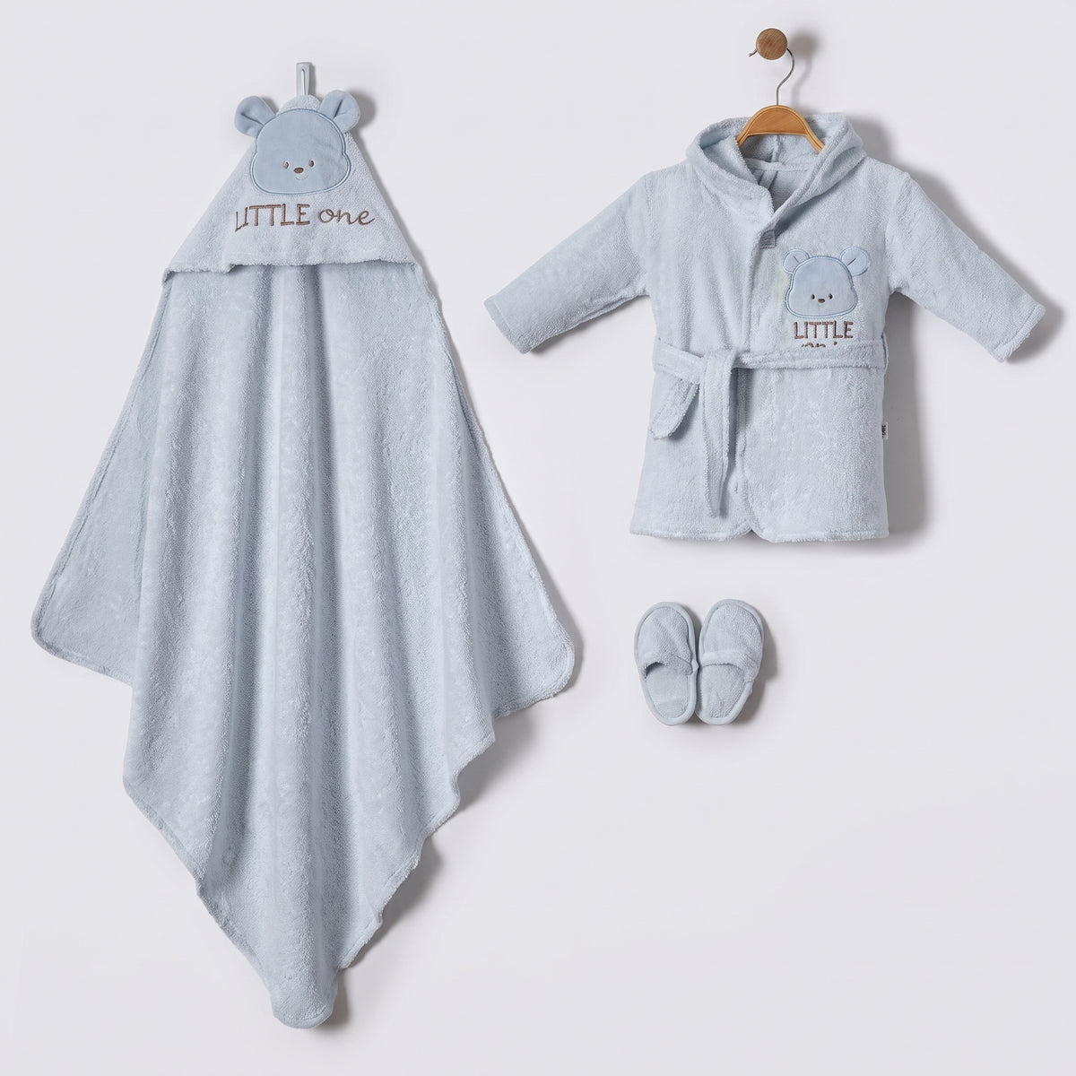 Little One Bear Face Hood Cotton 3-Piece Baby Bathrobe Set Blue (0-24 Months) - BB204.4183.1