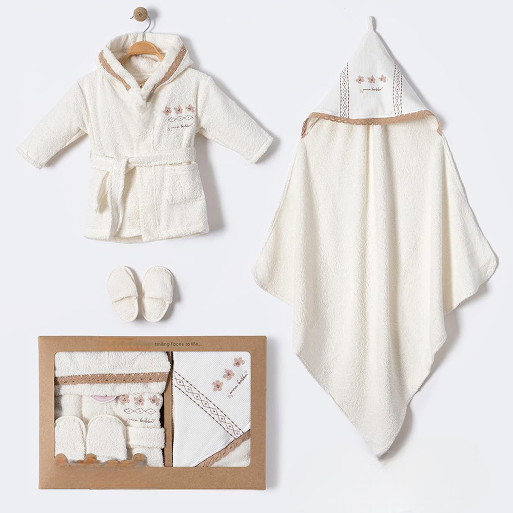 Boho Blossom Cotton 3-Piece Baby Bathrobe Set Ecru (0-24 Months) - BB204.4252.10