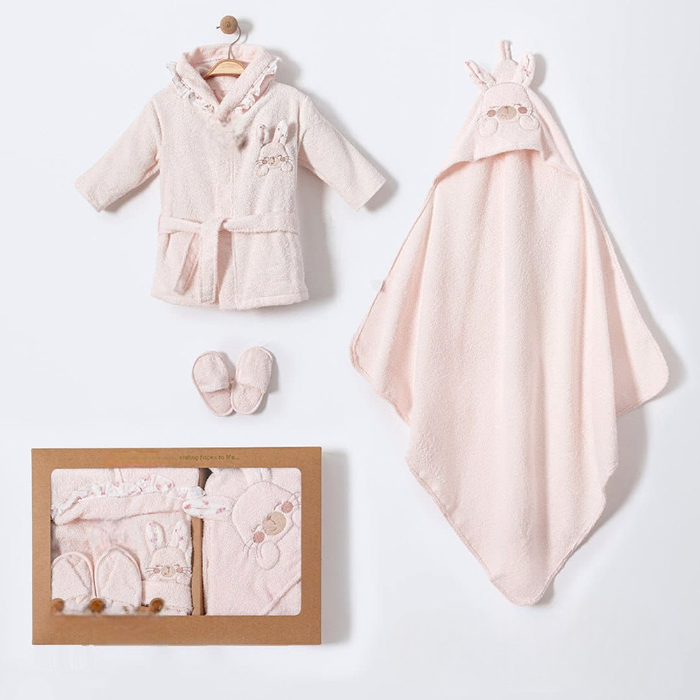 Bunny Embroidery Cotton 3-Piece Baby Bathrobe Set Pink (0-24 Months) - BB204.4316.2