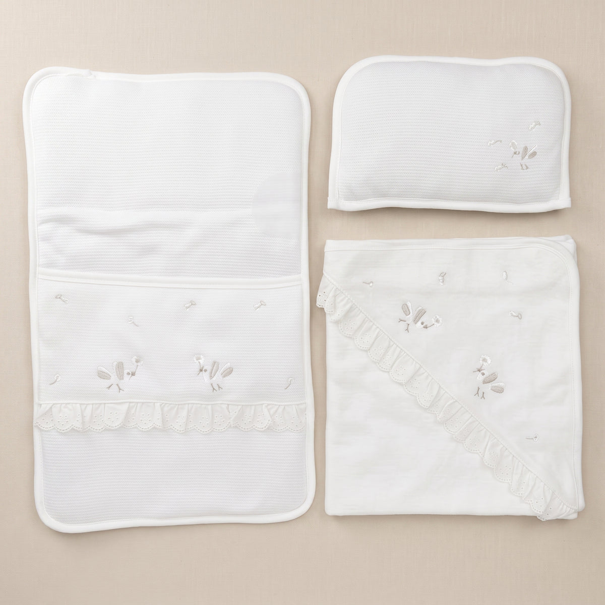 Little Bunny Embroidery Broderie Anglaise Frill 3-Piece Baby Nursery Set Ecru - GB024.1495