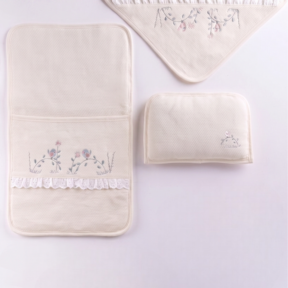 Little Bird & Blossom Embroidery & Broderie Frill Trim 3-Piece Baby Nursery Set Ecru - GB024.1497