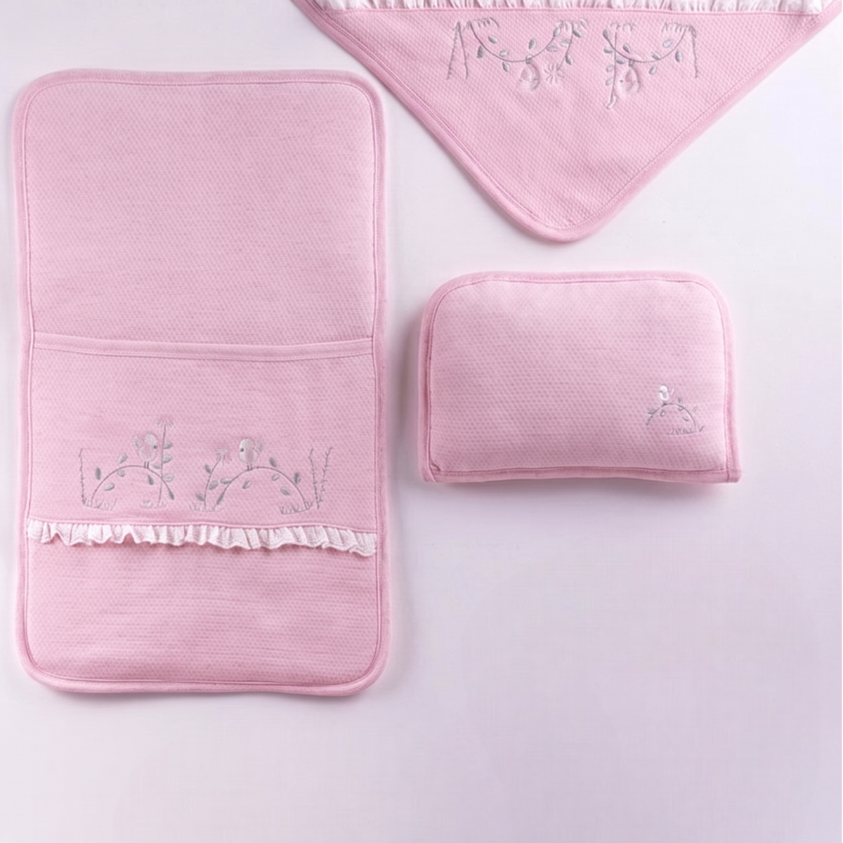 Little Bird & Blossom Embroidery & Broderie Frill Trim 3-Piece Baby Nursery Set Pink - GB024.1497