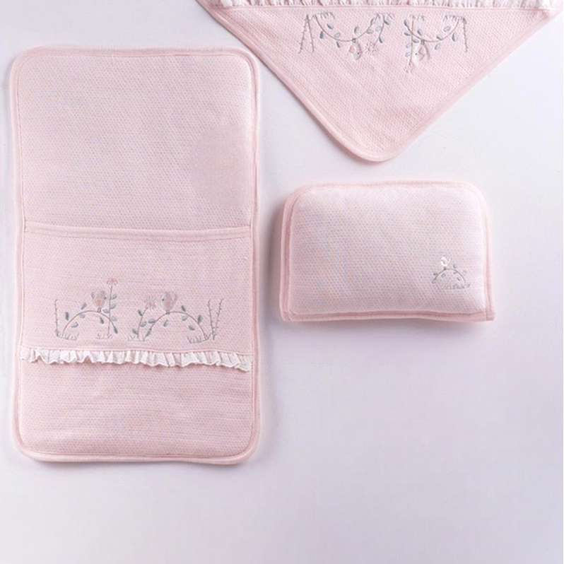 Little Bird & Blossom Embroidery & Broderie Frill Trim 3-Piece Baby Nursery Set Salmon - GB024.1497