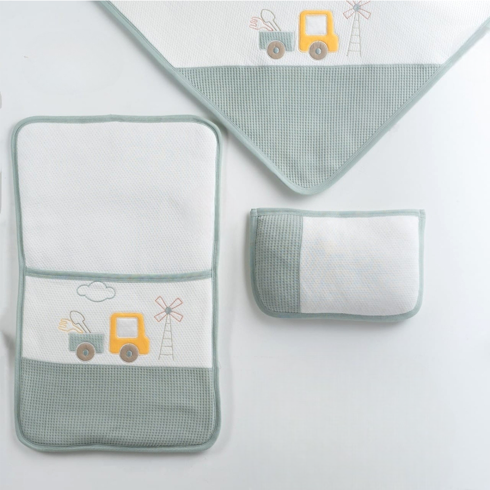 Little Truck & Windmill Embroidery 3-Piece Baby Nursery Set Mint - GB024.1498
