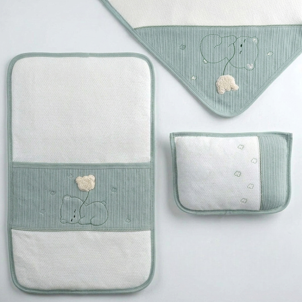 Sleepy Bear & 3D Balloon Applique 3-Piece Baby Nursery Set Green - GB024.1499