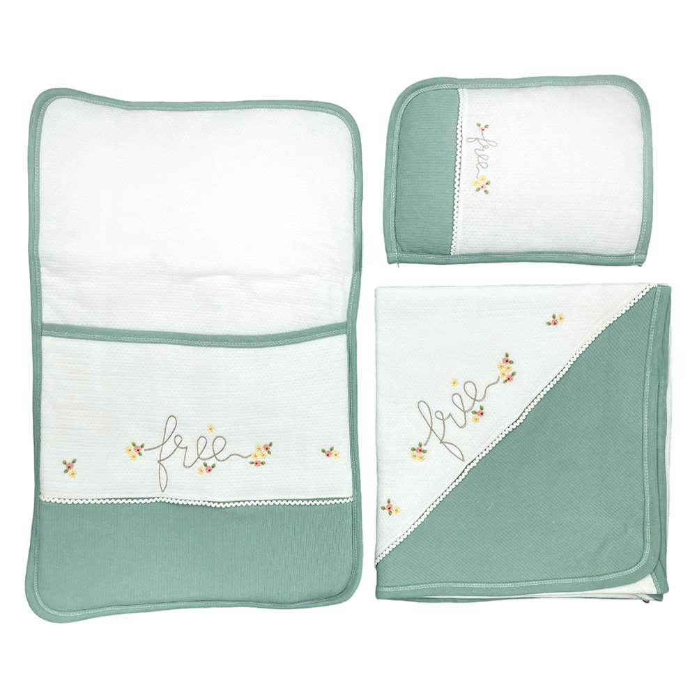 Floral Embroidery Lace Trim 3-Piece Baby Nursery Set Green - GB024.1504