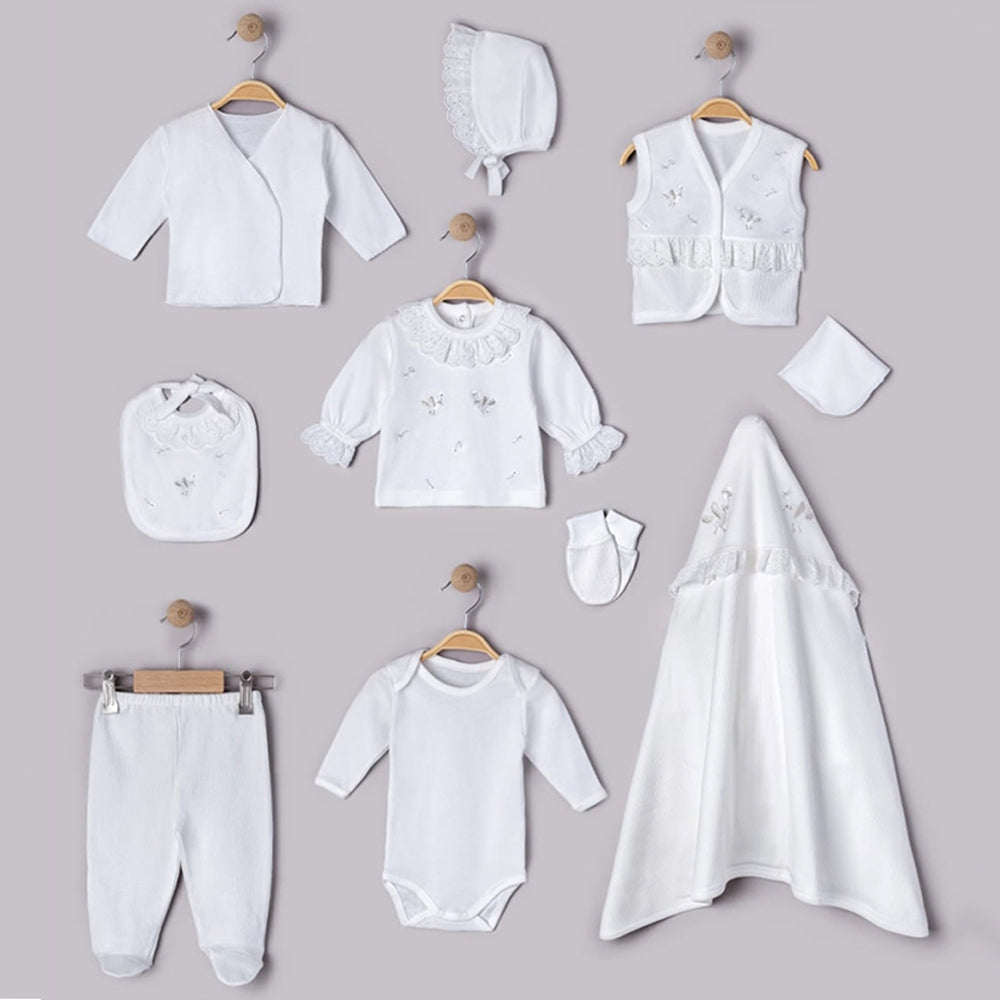 Butterfly & Lace Themed Cotton 10-Piece Newborn Welcome Set Baby Girl Ecru (0-3 Months) - GB024.6664