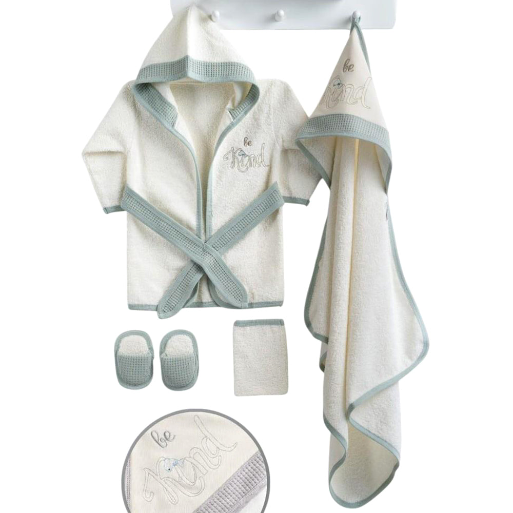Be Kind Embroidery Cotton 4-Piece Baby Bathrobe Set Green (0-24 Months) - GB024.892