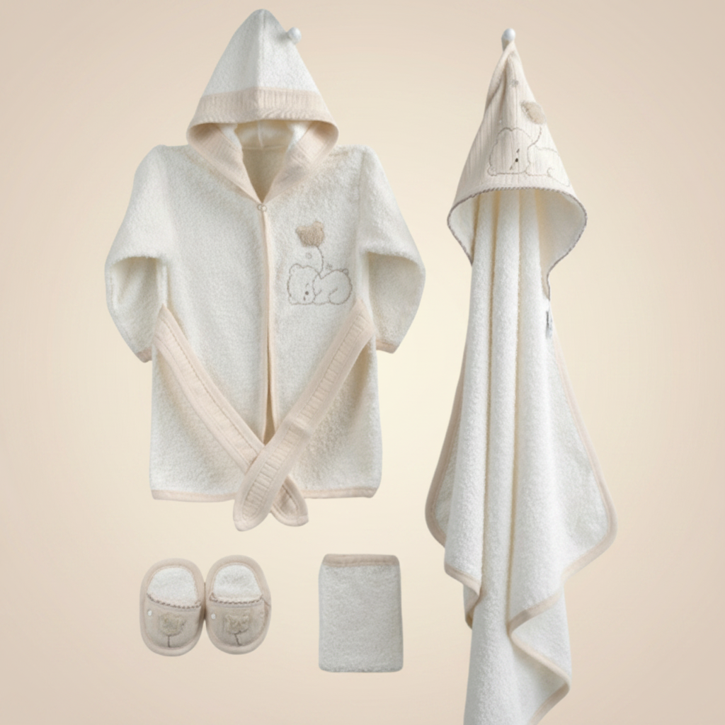 Bear & Balloon Embroidery Cotton 4-Piece Baby Bathrobe Set Ecru (0-24 Months) - GB024.893