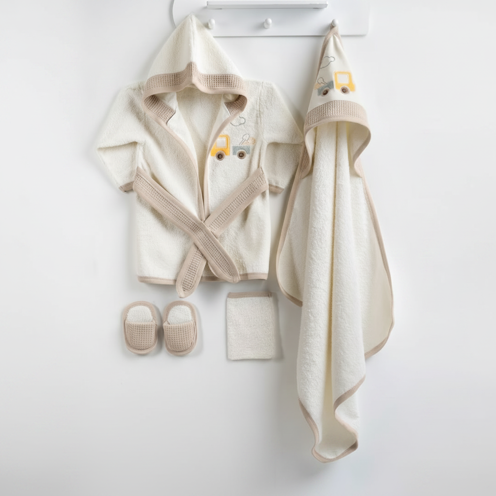 Little Truck Embroidery Cotton 4-Piece Baby Bathrobe Set Beige (0-24 Months) - GB024.894