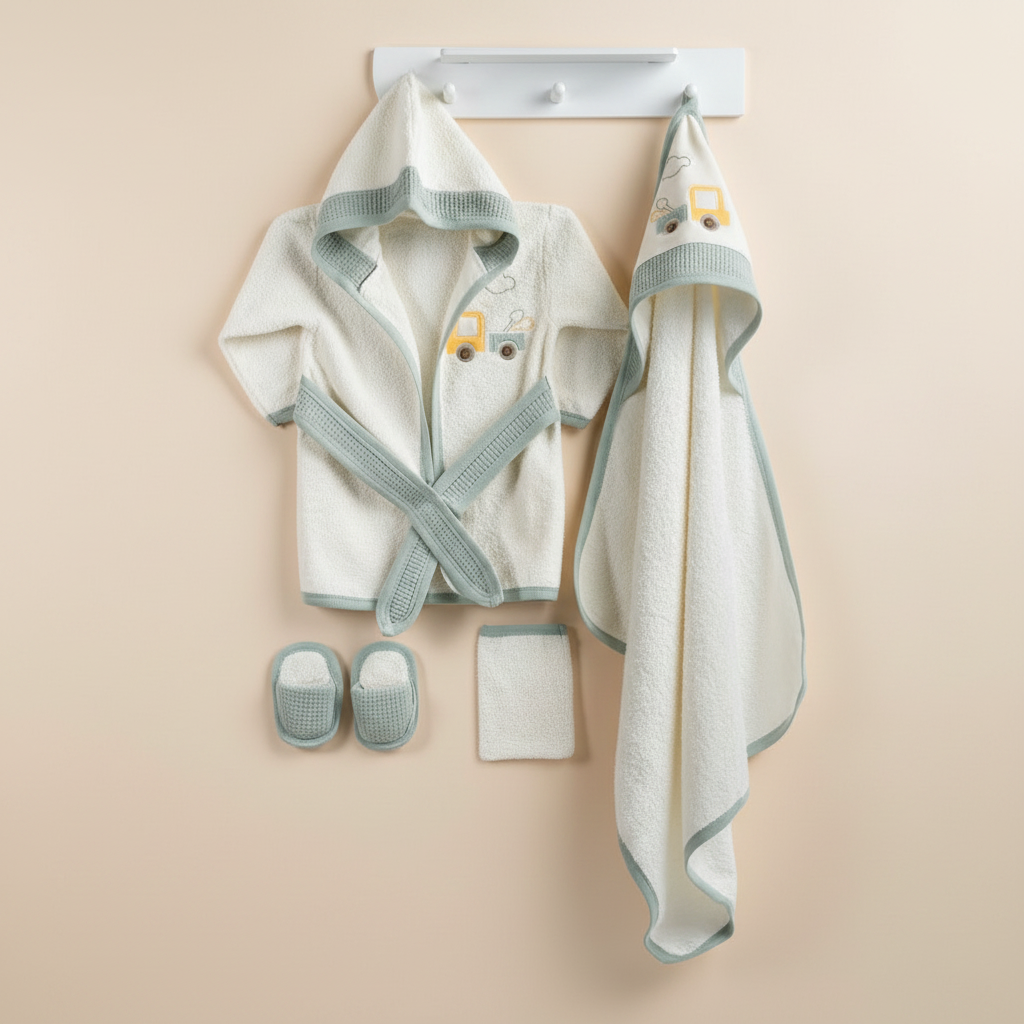 Little Truck Embroidery Cotton 4-Piece Baby Bathrobe Set Green (0-24 Months) - GB024.894