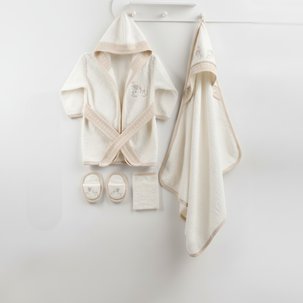 Botanical Floral Embroidery Cotton 4-Piece Baby Bathrobe Set Beige (0-24 Months) - GB024.897