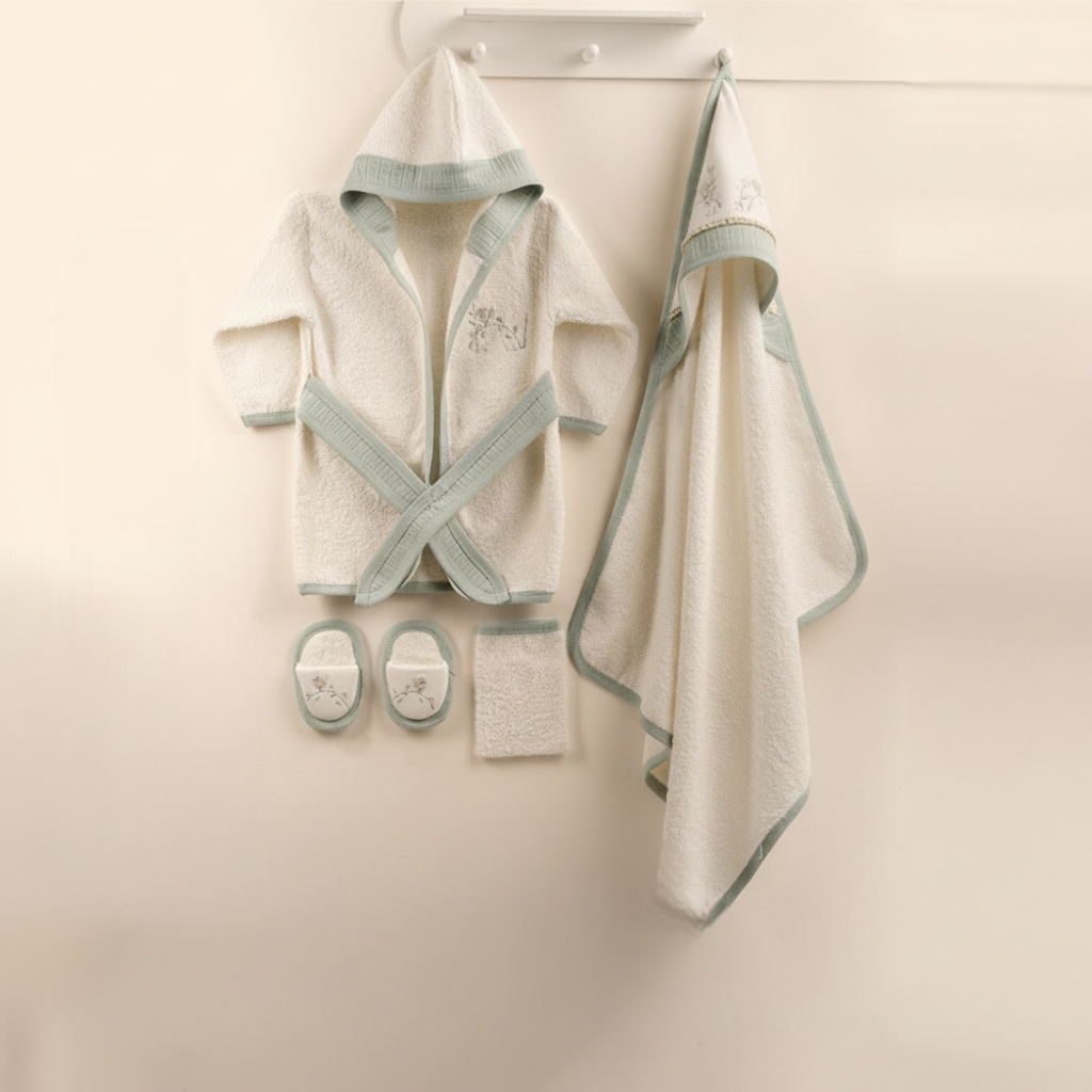 Botanical Floral Embroidery Cotton 4-Piece Baby Bathrobe Set Green (0-24 Months) - GB024.897