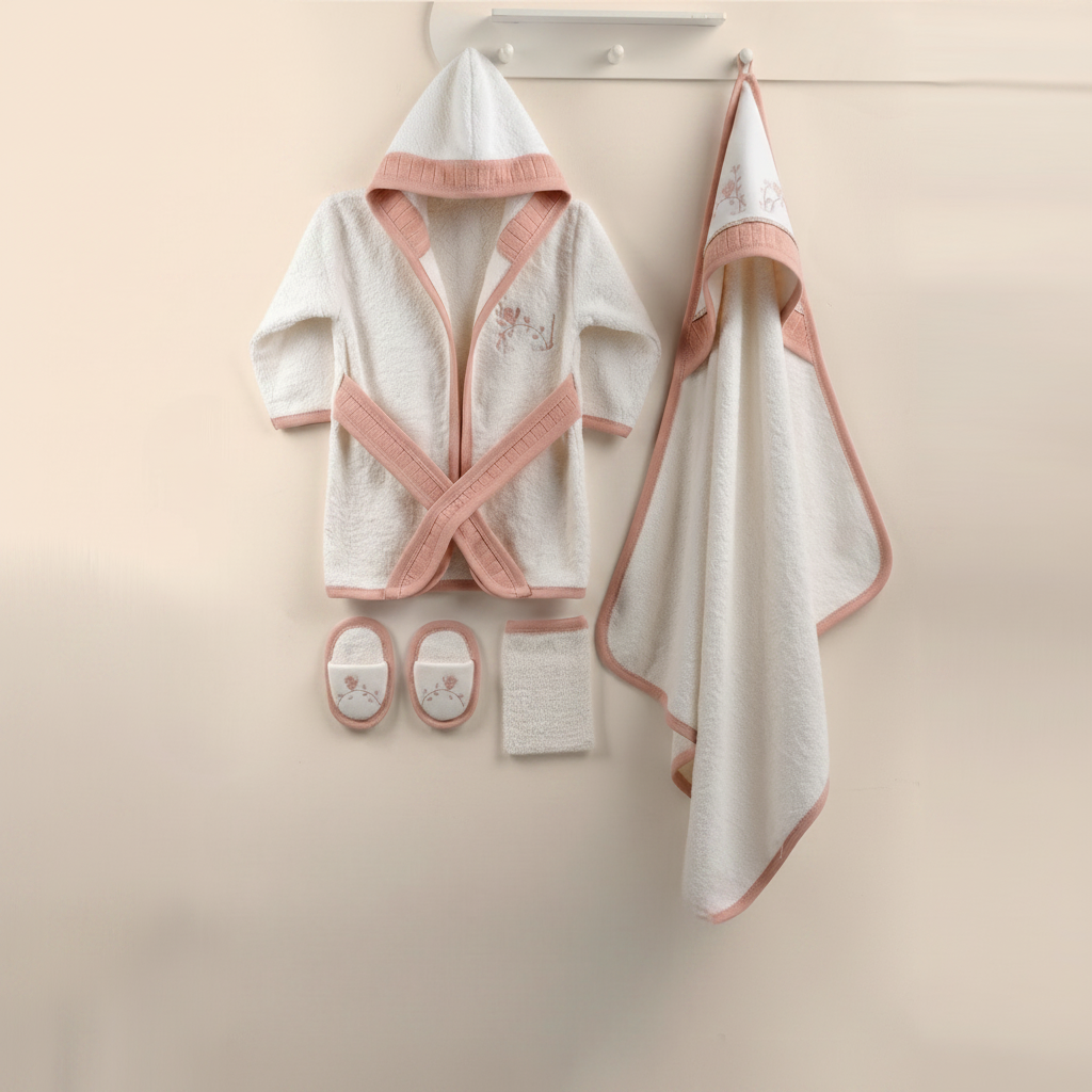 Botanical Floral Embroidery Cotton 4-Piece Baby Bathrobe Set Salmon (0-24 Months) - GB024.897