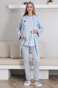 Baby Patterned 3-Piece Maternity Feeding-Friendly Pajama & Robe Set Blue - Z3432