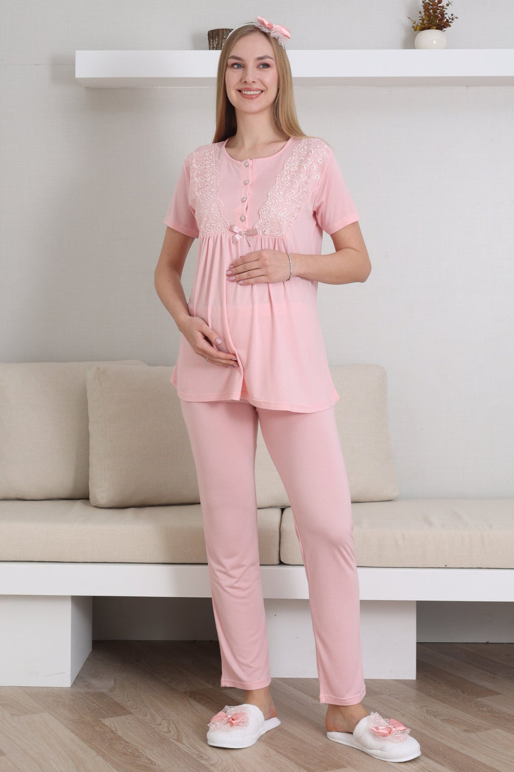 طقم بيجامة ورداء للأمهات مكون من 3 قطع بأكمام دانتيل سلمون - 3434