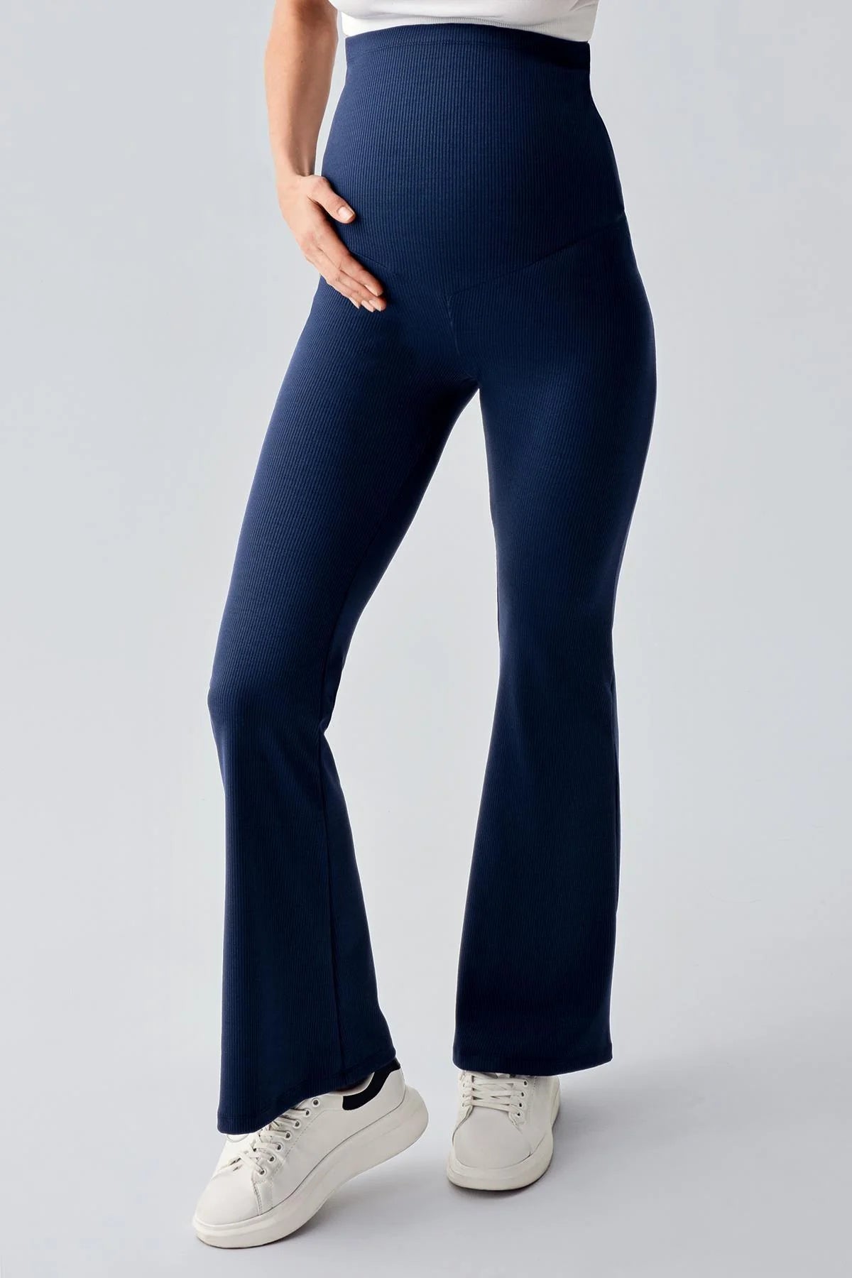 Flared Ribbed High-Waist Stretch Supportive Maternity Leggings Navy Blue - LF9209