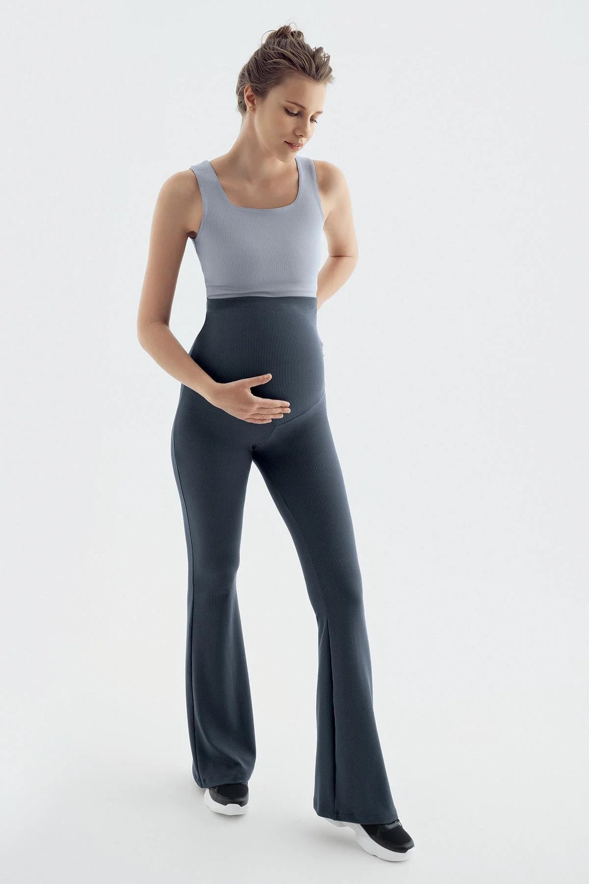 Flared Ribbed High-Waist Stretch Supportive Maternity Leggings Anthracite - LF9209