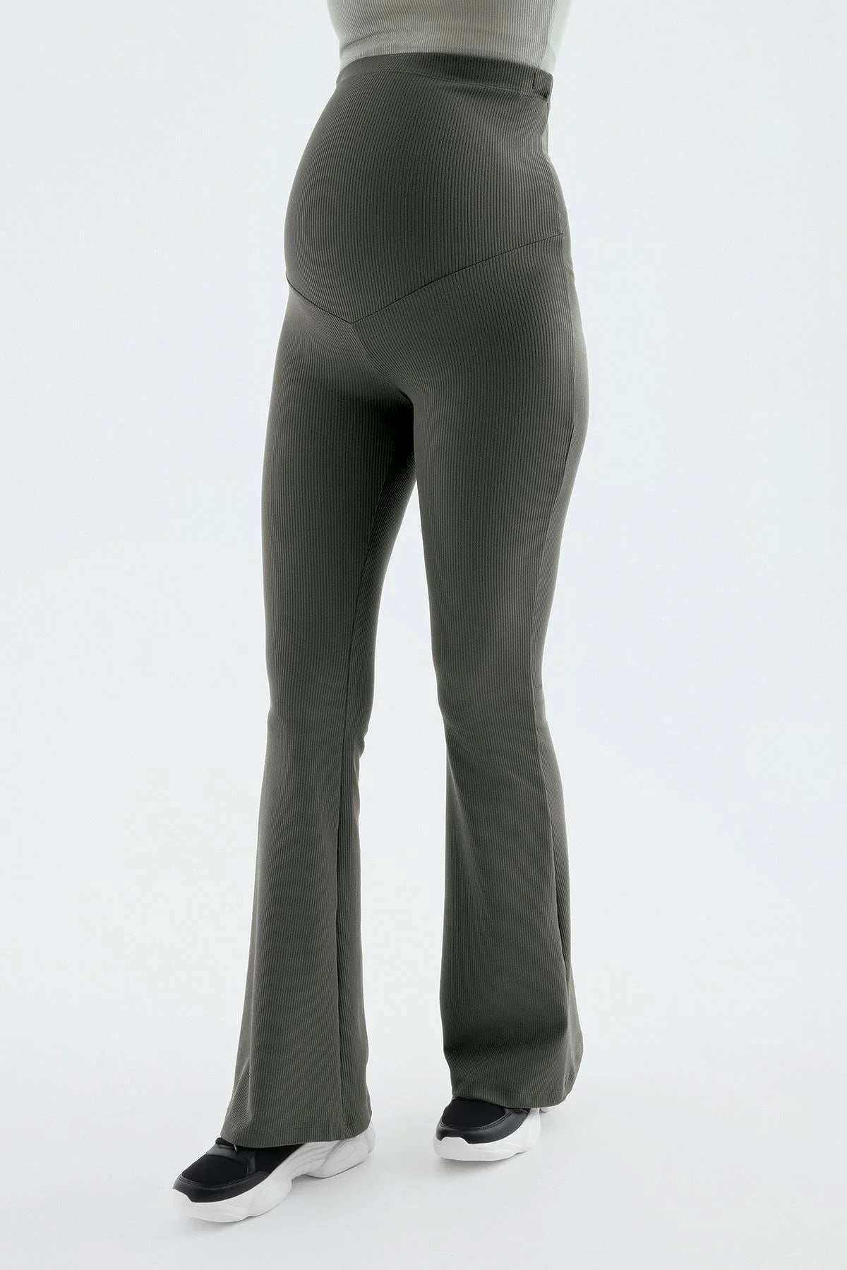 Flared Ribbed High-Waist Stretch Supportive Maternity Leggings Khaki - LF9209