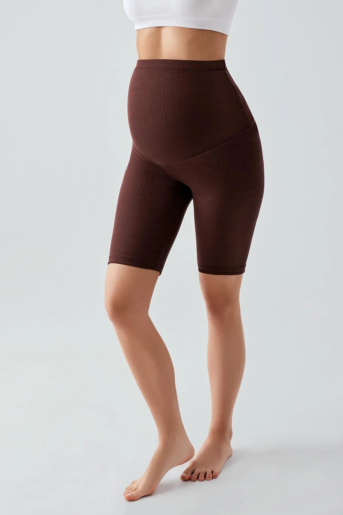 Ribbed Biker Flexible Adjustable Waist Maternity Shorts Leggings Coffee - LF9213