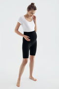 Ribbed Biker Flexible Adjustable Waist Maternity Shorts Leggings Black - LF9213