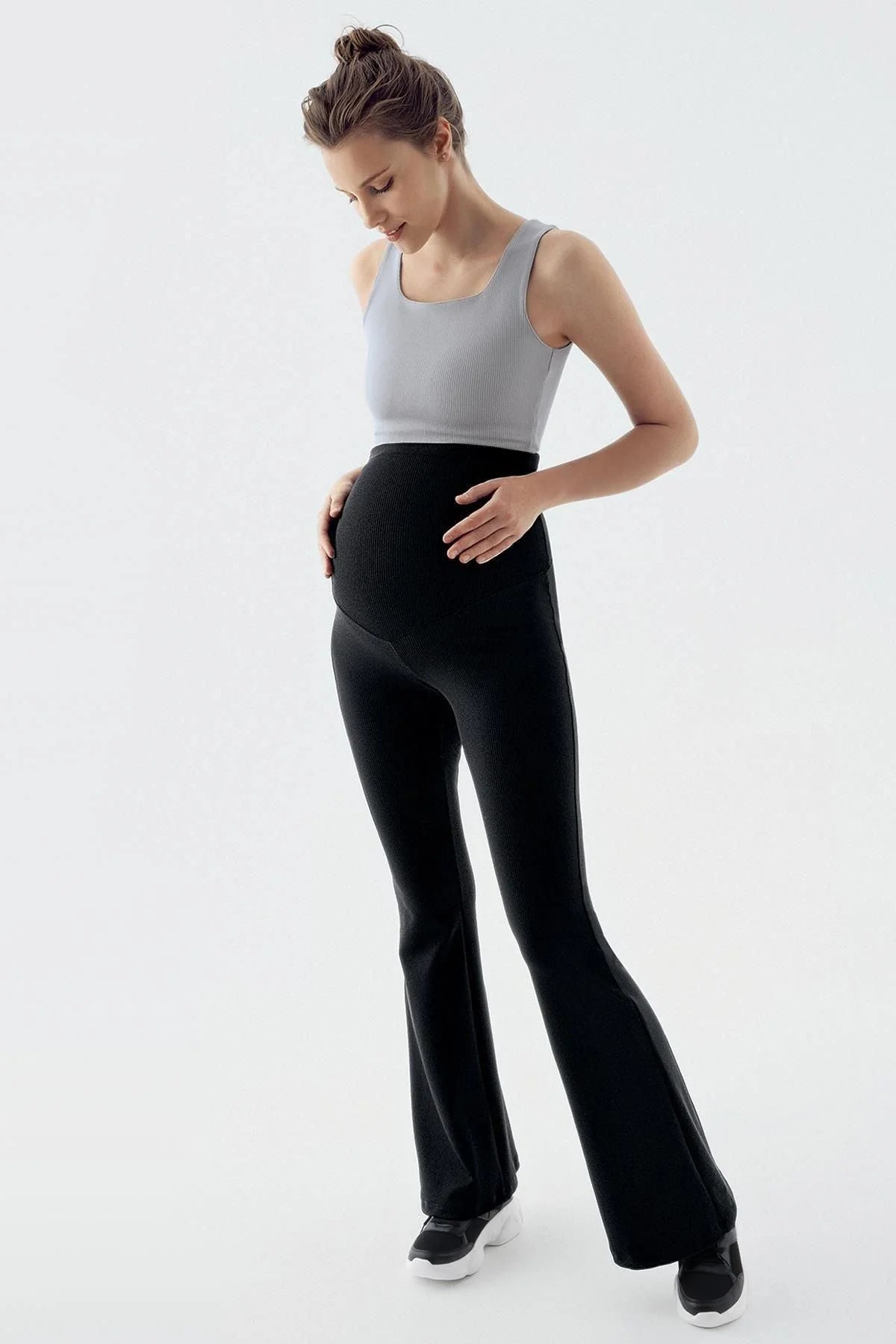 Ribbed Thermal Fleece-Lined Warm Adjustable Waist Winter Flared Maternity Leggings Black - LF9215
