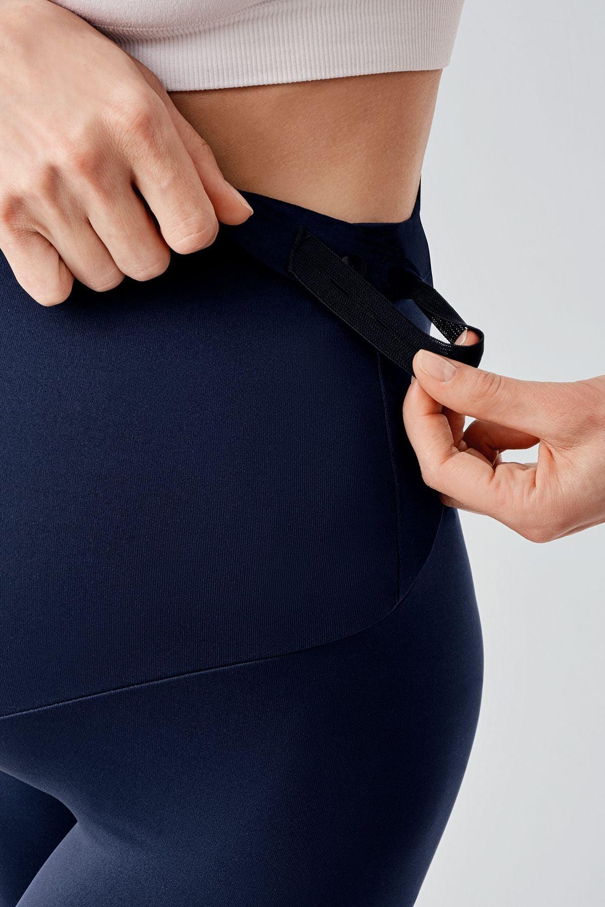 Flared Thermal Fleece-Lined Adjustable Waist Maternity Leggings Navy Blue - LT9018