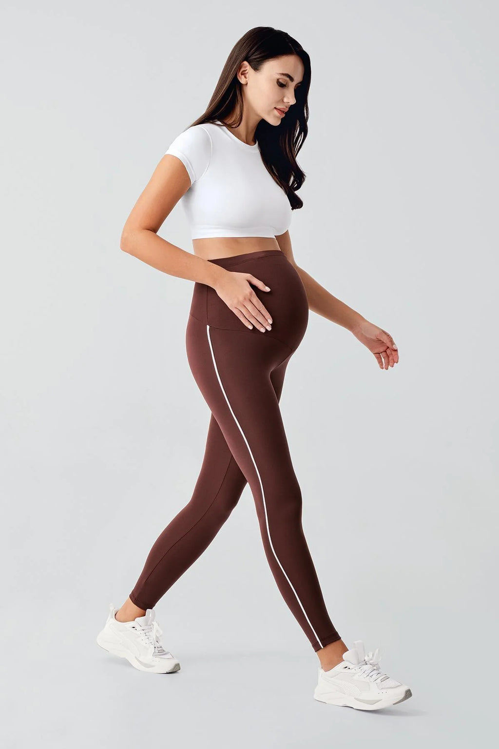 Piped High Waist Stretch Shaping Maternity Leggings Coffee - LT9024