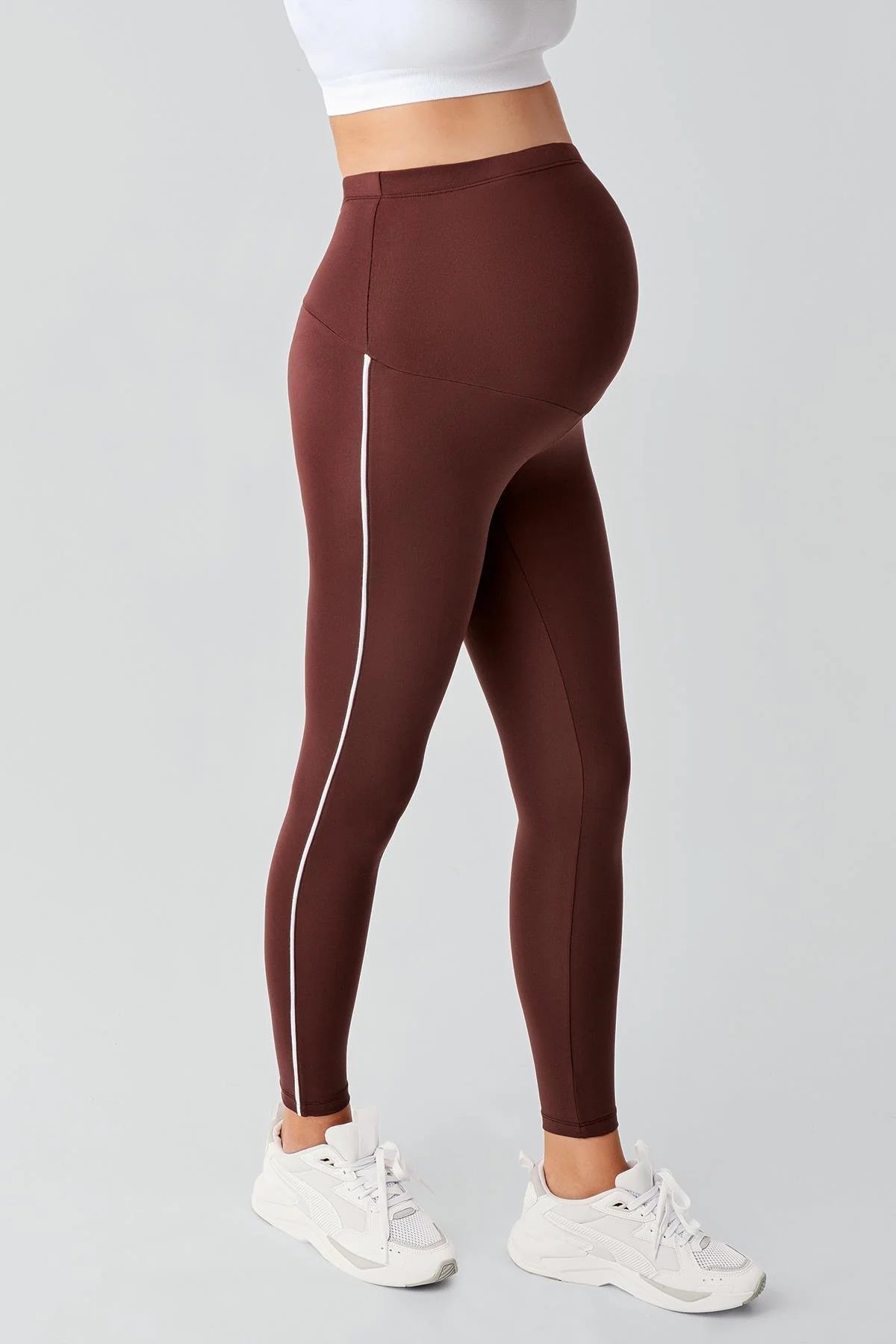 Piped High Waist Stretch Shaping Maternity Leggings Coffee - LT9024