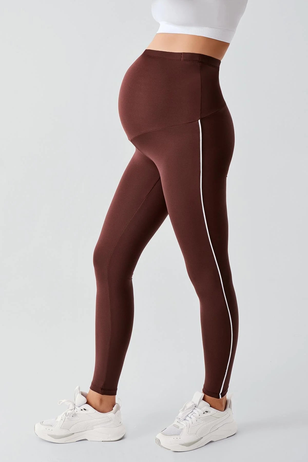 Piped High Waist Stretch Shaping Maternity Leggings Coffee - LT9024