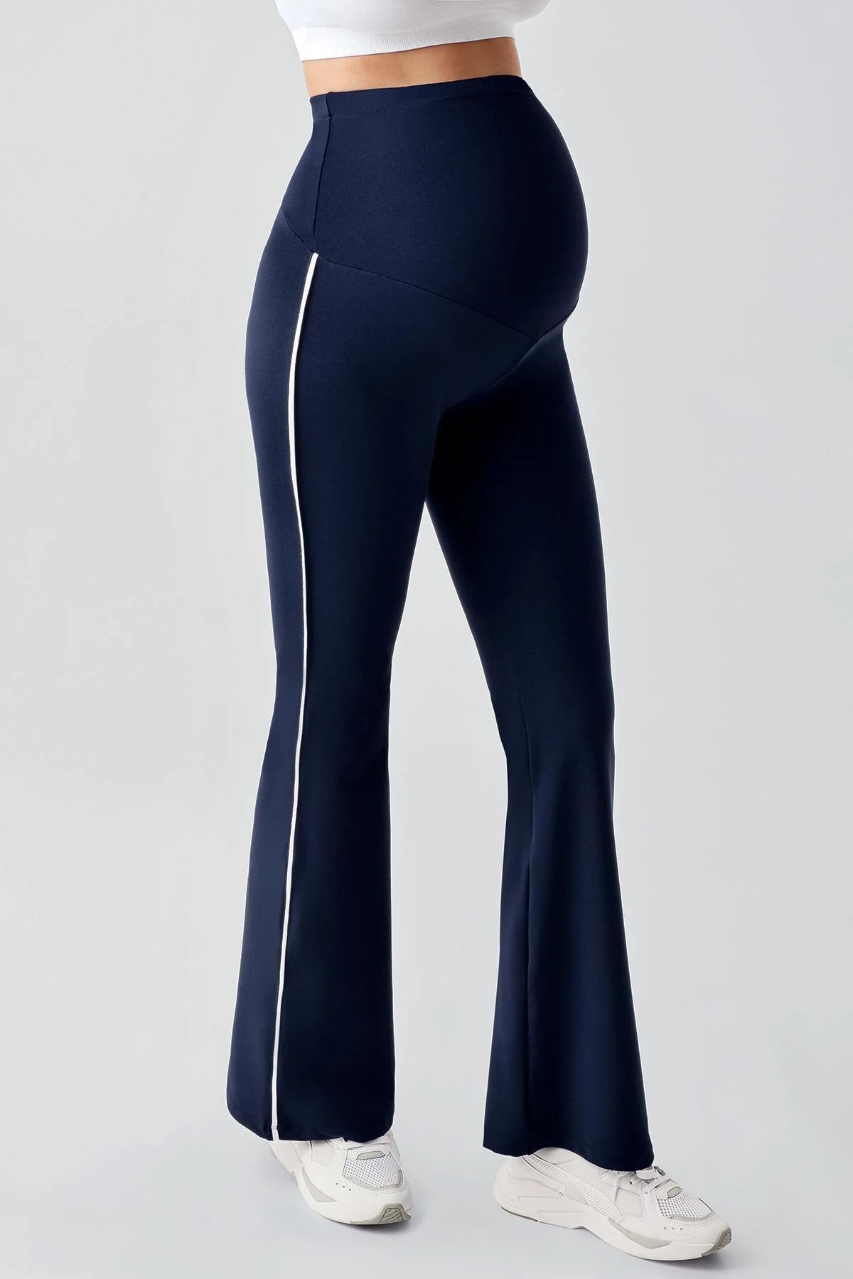 Piped Flared High Waist Stretch Shaping Maternity Leggings Navy Blue - LT9025