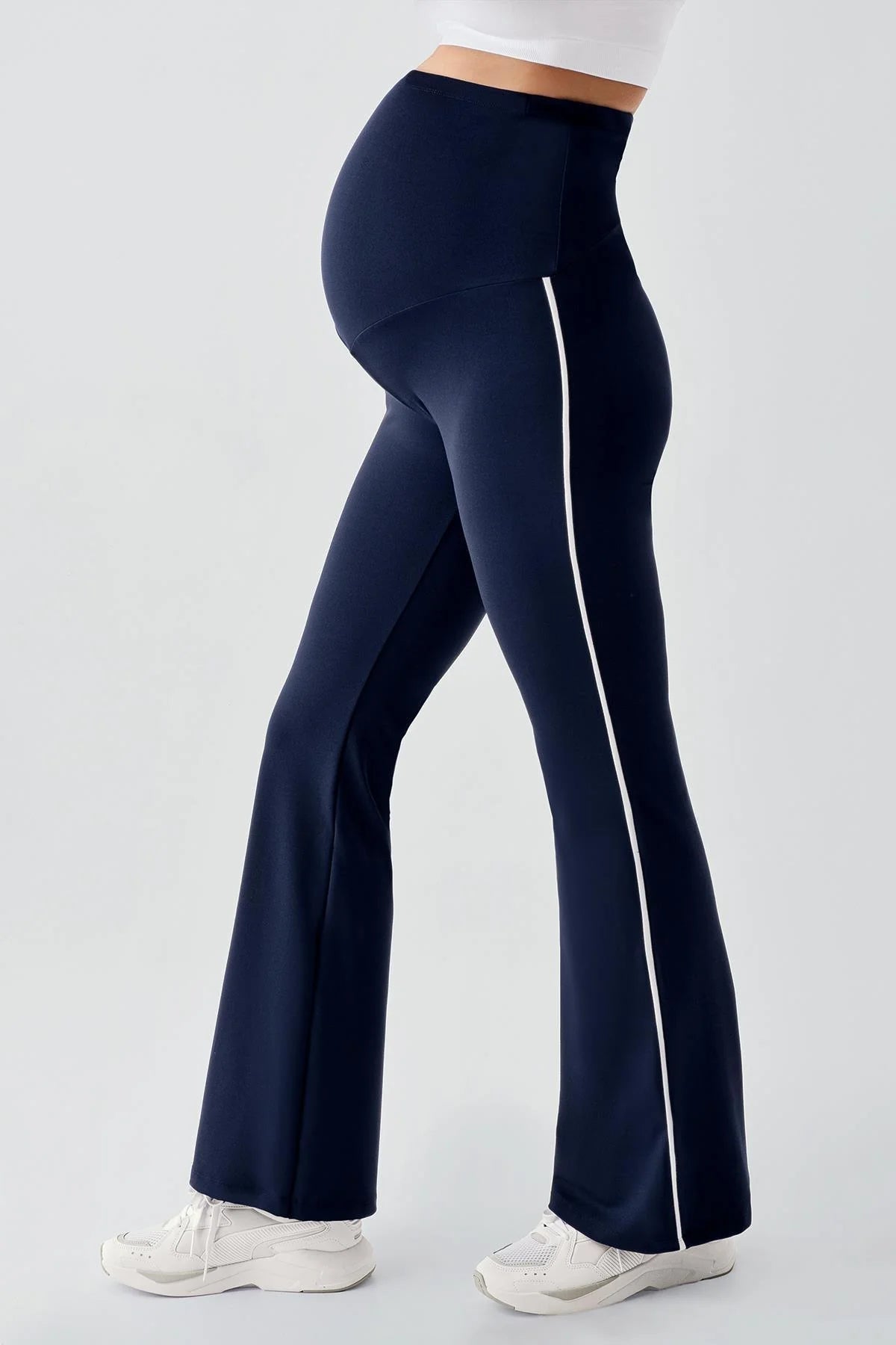 Piped Flared High Waist Stretch Shaping Maternity Leggings Navy Blue - LT9025