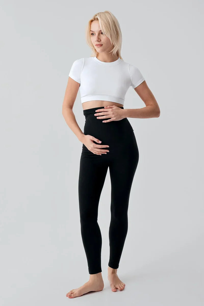 Adjustable High Waist Long Stretch Cotton Maternity Leggings Black - LT9028