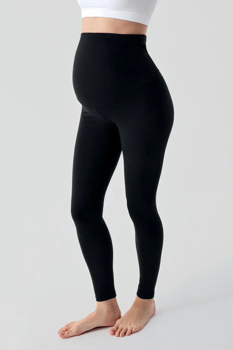 Adjustable High Waist Long Stretch Cotton Maternity Leggings Black - LT9028