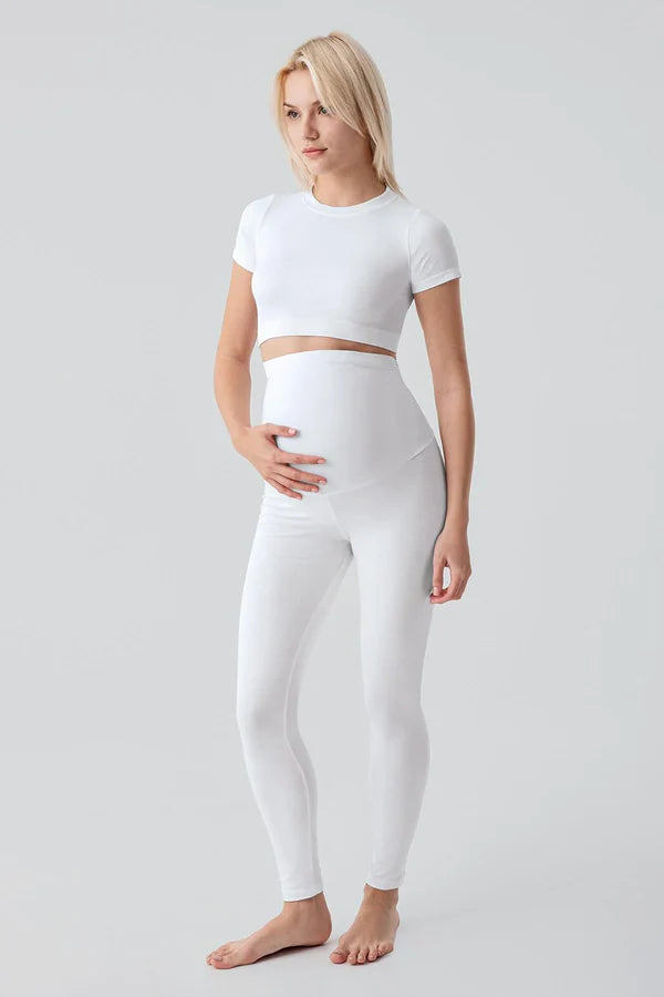 Adjustable High Waist Long Stretch Cotton Maternity Leggings White - LT9028