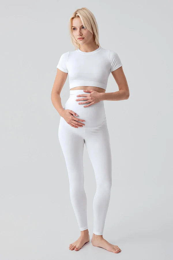 Adjustable High Waist Long Stretch Cotton Maternity Leggings White - LT9028
