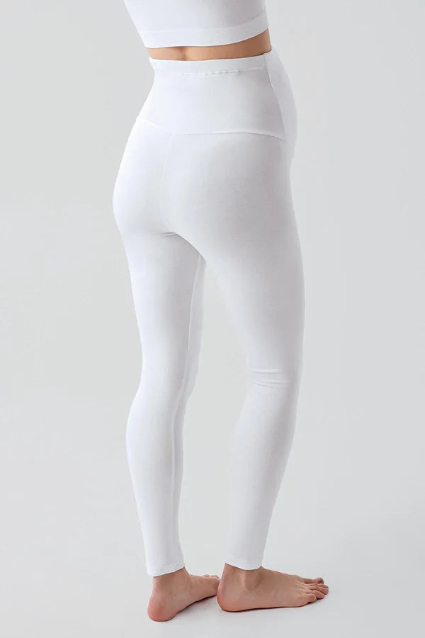 Adjustable High Waist Long Stretch Cotton Maternity Leggings White - LT9028