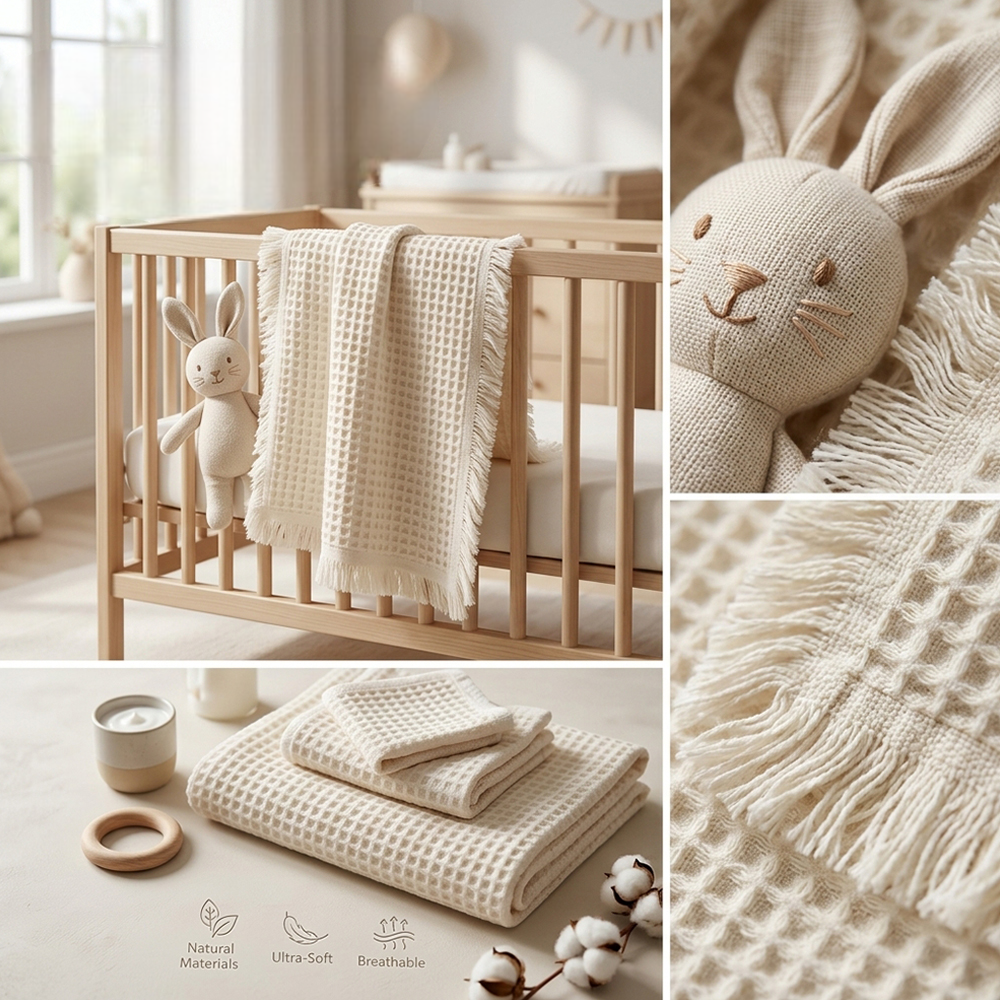 Waffle Knit Baby Blanket with Fringe Ecru - SP001.1170.10